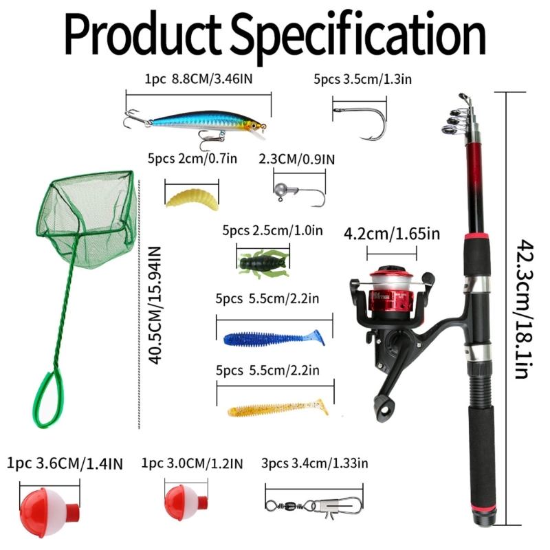 Landing Net Telescopic - 初心者釣りセット釣具リール伸縮ロッドフロート餌フックコネクタランディングネット&収納バッグ
